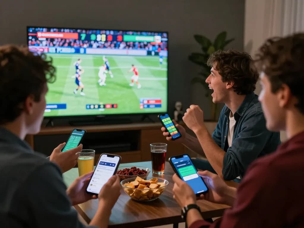 Cheerful friends celebrating sports action while checking ผลบอลวันนี้ on their phones in a lively betting environment