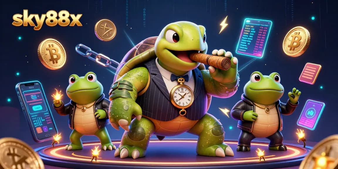 Engage in thrilling action at sky88x with cartoon turtle mobster amid glowing digital casino motifs.