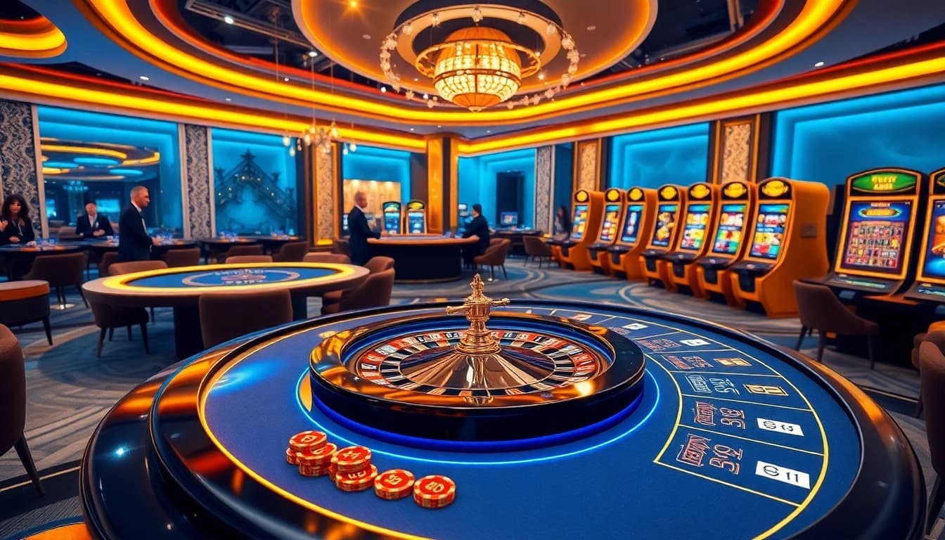 Gamblers engaging in a thrilling session at XX88’s luxurious online casino, featuring roulette and poker tables.