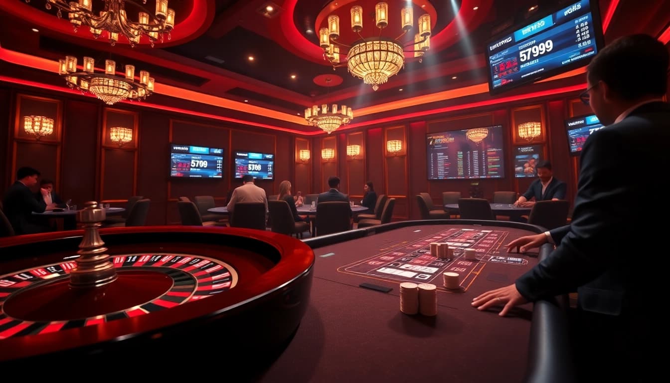 Experience the thrill of Bay789 with high-stakes poker action at a luxurious casino table.