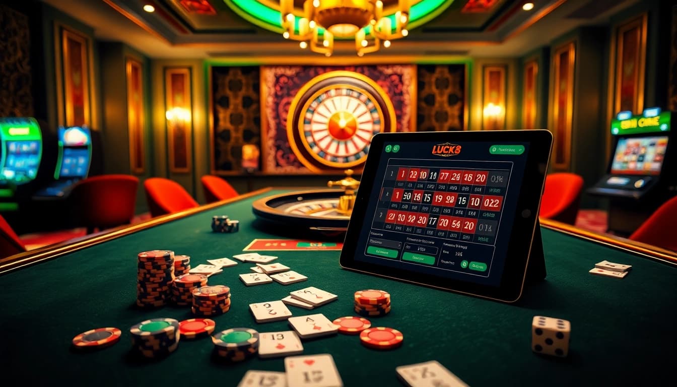 Experience the thrill of gambling with Trang chủ LUCK8 featuring poker chips and roulette.