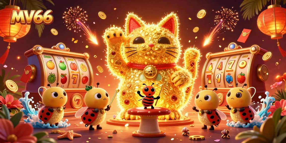 Experience the thrill with MV66, a bustling casino scene featuring a lucky cat and vibrant game elements.