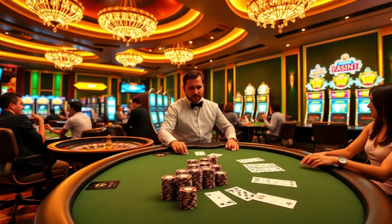 The thrilling atmosphere of https://mm88.agency/ showcasing a luxurious poker table with high-stakes chips and excited players.