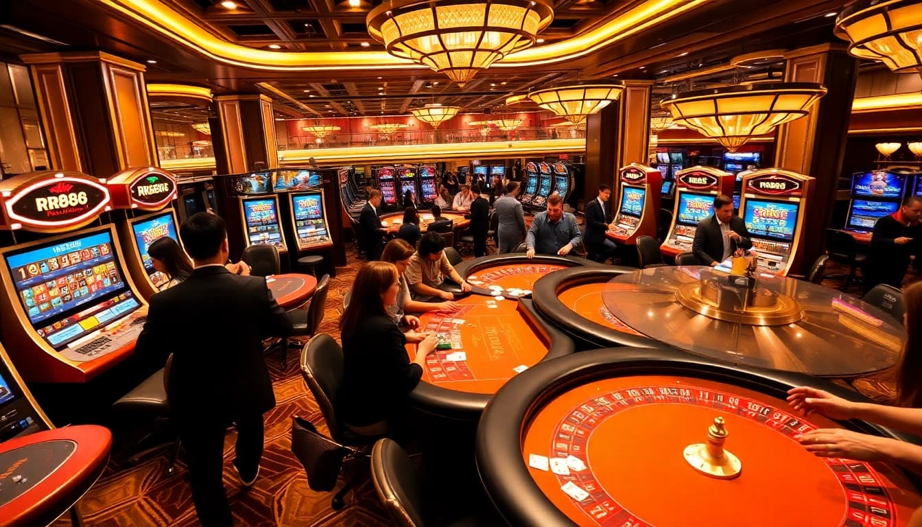 Players engaging in thrilling casino games at RR88, featuring vibrant slot machines and elegant tables.