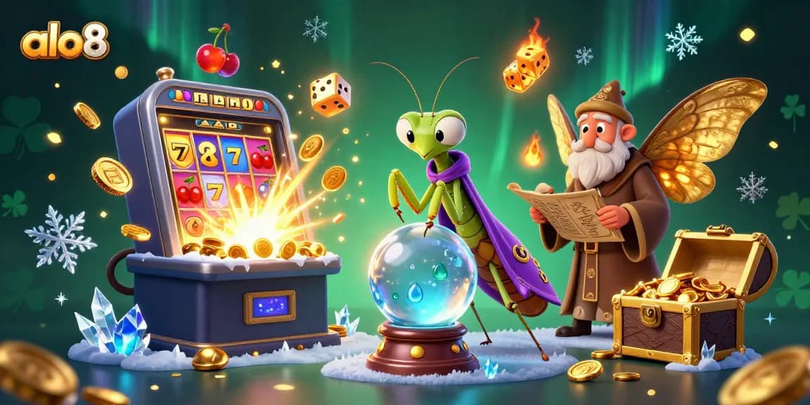 Experience exciting gameplay at alo8 with a dynamic 3D casino illustration featuring winning symbols and immersive characters.
