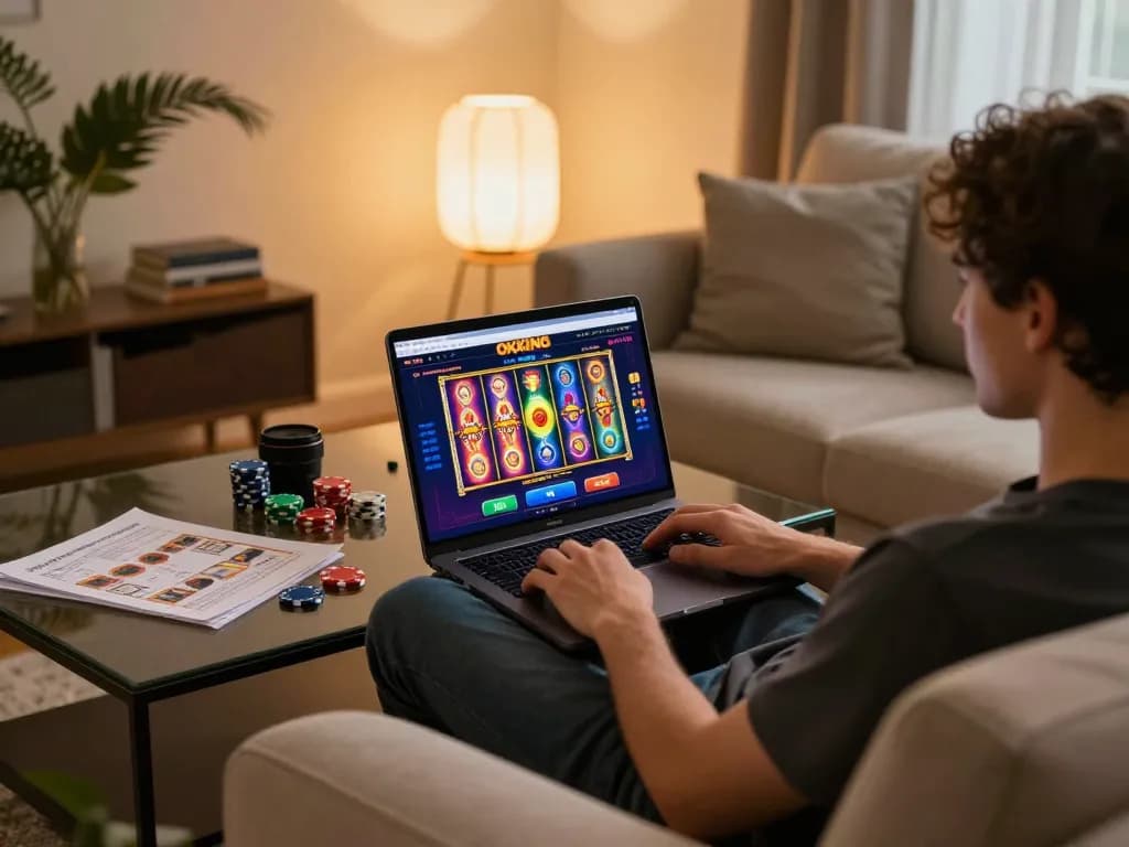 Player enjoying online gaming at OKKING casino, colorful slot games on screen in a cozy setting