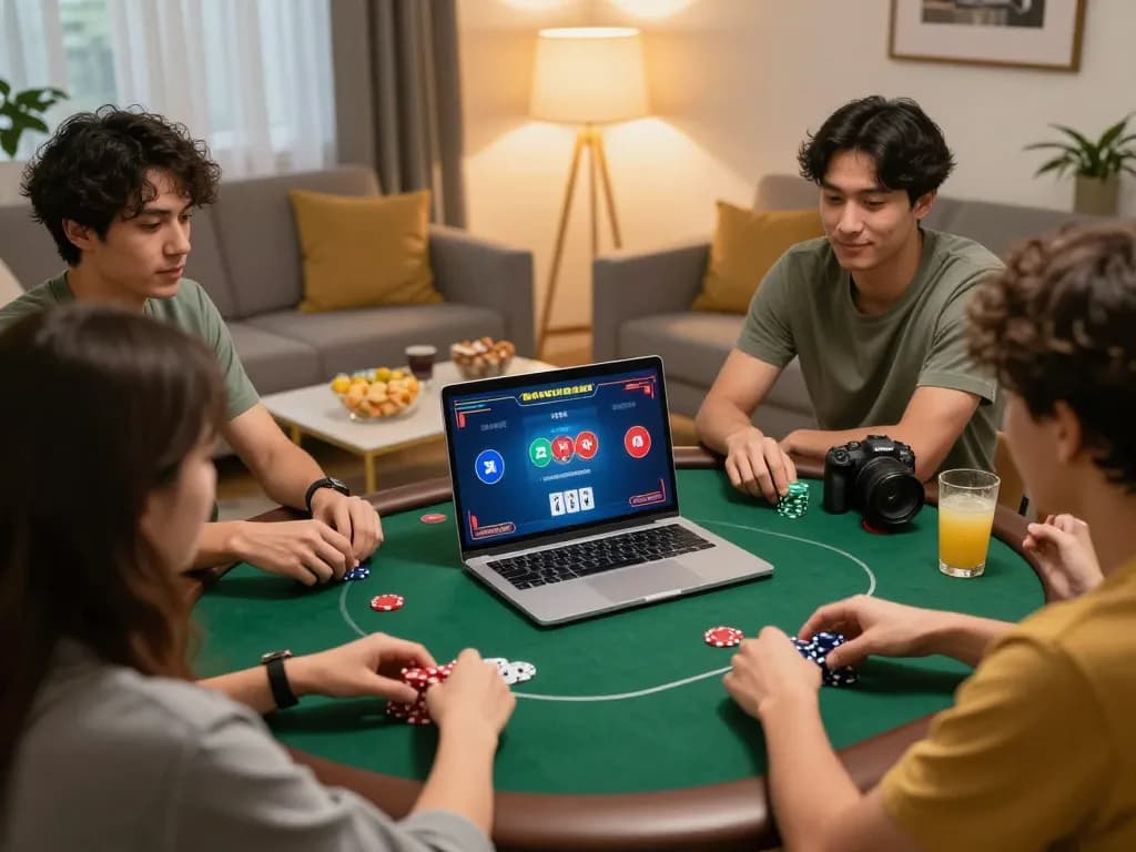 Friends enjoying an exciting online poker game at home on https://rr88.wales/, showcasing a cozy atmosphere and responsible gambling.