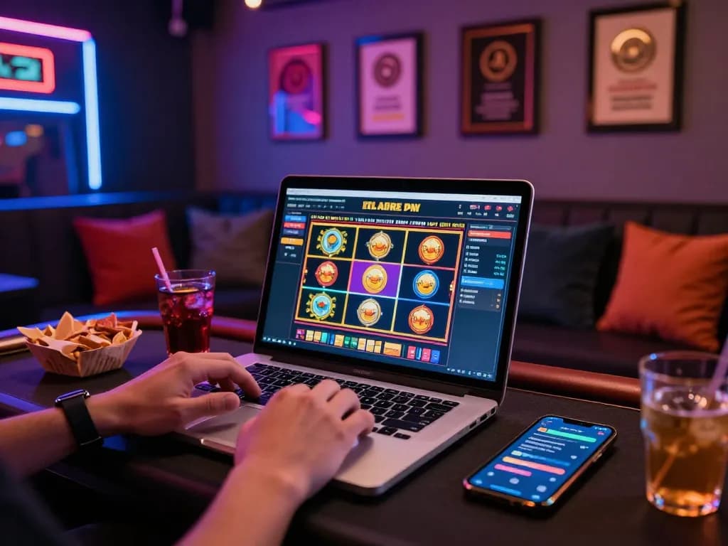 Online gaming excitement with bomwin slot games on laptop and vibrant atmosphere