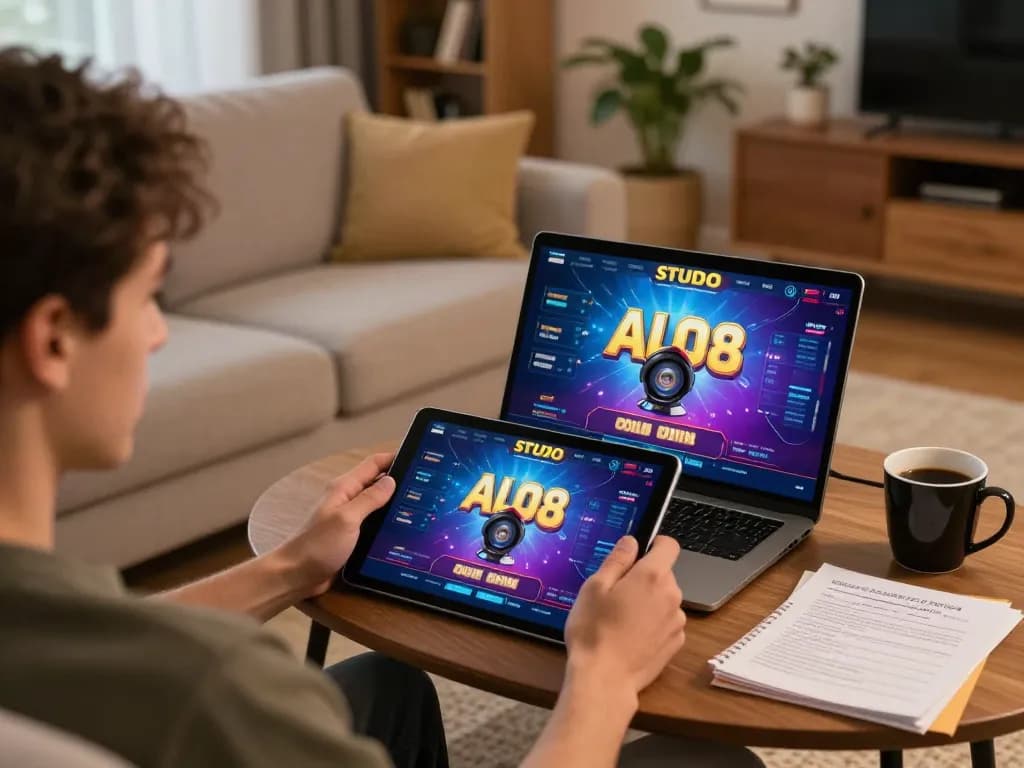 Player engaging with the ALO8 STUDIO tablet in a cozy home gaming setup, focused on online casino action.
