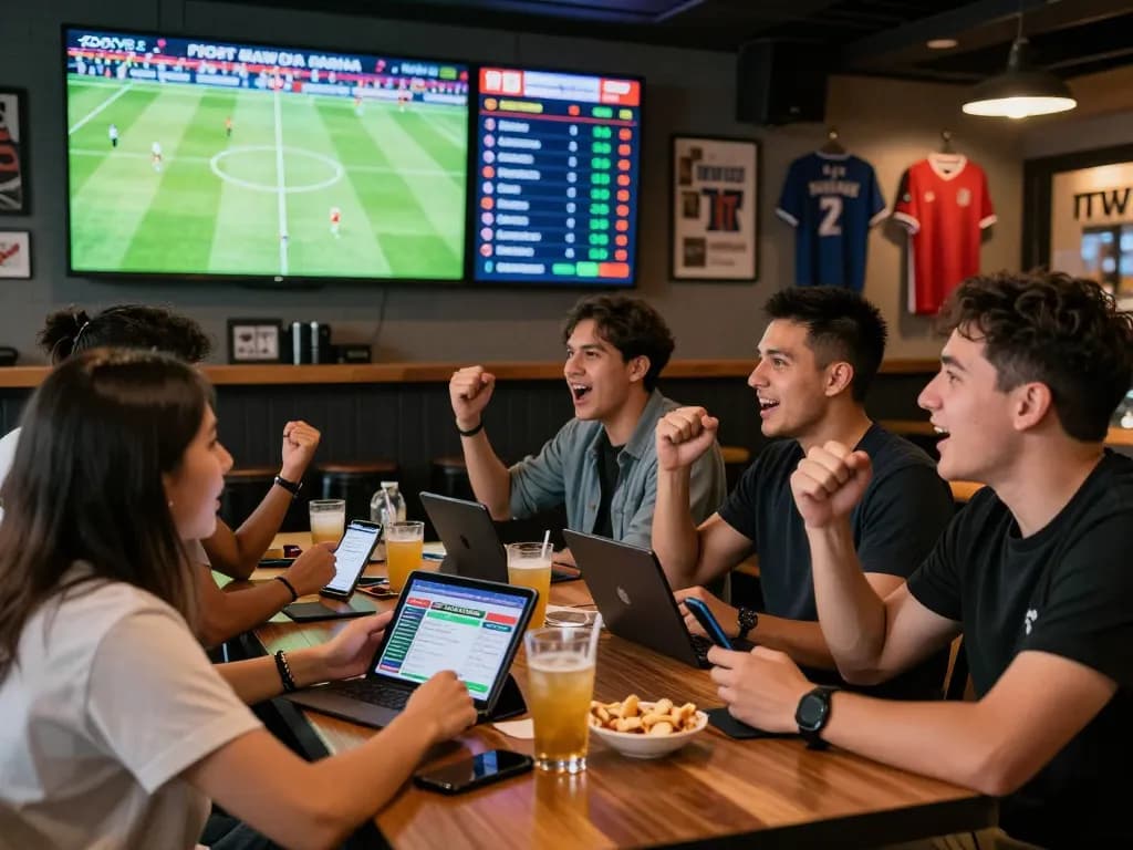 Friends cheering while checking keonhacai odds at a sports bar during a live football match.
