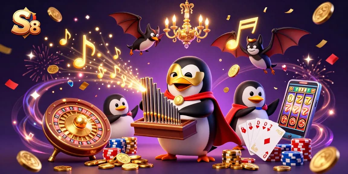 Win big with S 8 at an animated casino featuring a playful penguin and exciting gaming elements.