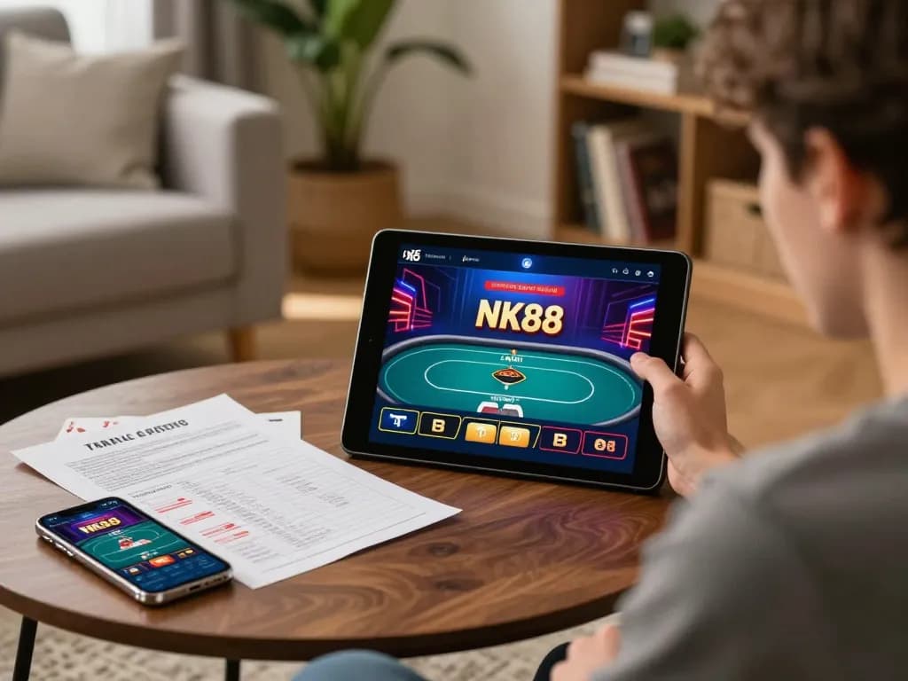 Play strategic games on NK88 casino app while relaxing at home with tablet and betting notes