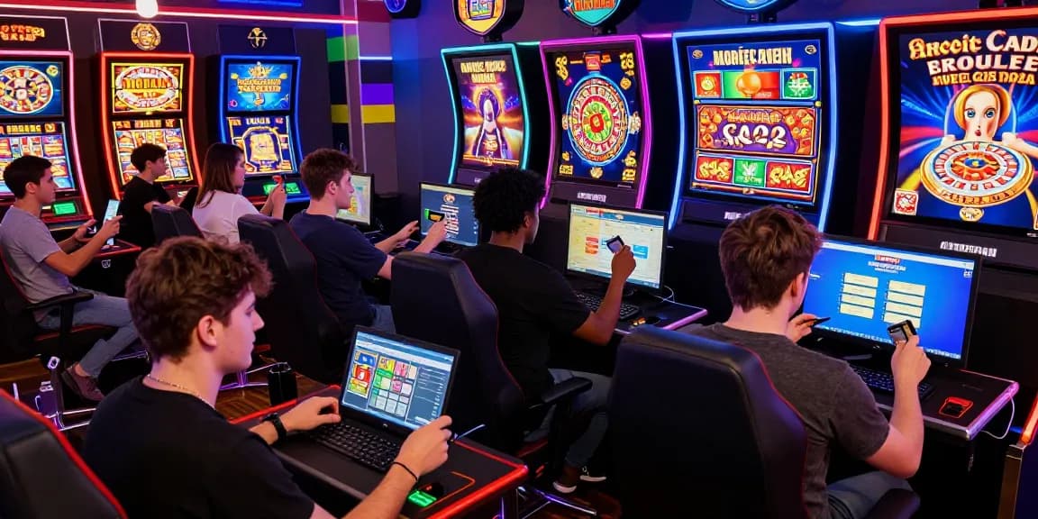 Exciting atmosphere at credit card casinos for UK players, showcasing diverse gamers enjoying slots and live games.