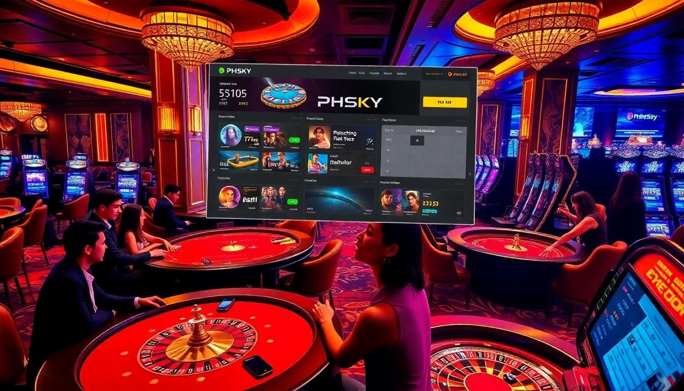 PHSKY players engaging in exciting casino games at a vibrant gaming venue, showcasing blackjack and slots.