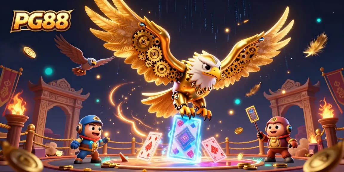 Experience thrilling wins at PG88 with a dazzling 3D illustration of a golden eagle amidst casino elements.
