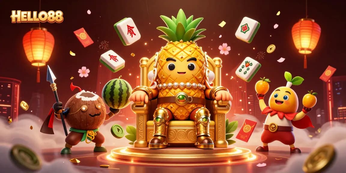 Experience HELLO88 as the golden pineapple king rules a vibrant beach casino with lively game elements.