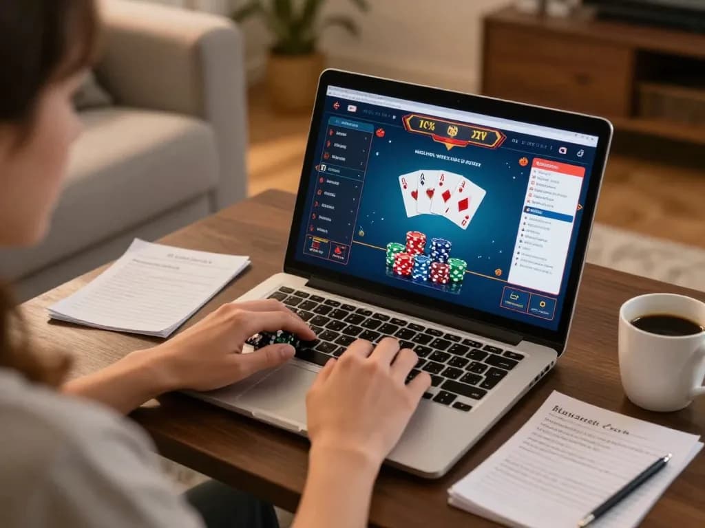 Engaging online gambling session at https://go8s.bio/ with person using laptop and strategy notes in a cozy home setting.