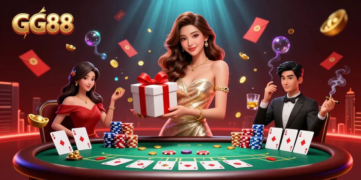 Experience GG88's festive Lunar New Year casino with golden coins and poker elements.