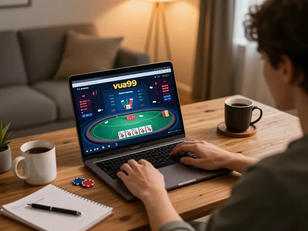 Engaging in an online poker game on vua99 from a cozy home office setting with strategic notes.