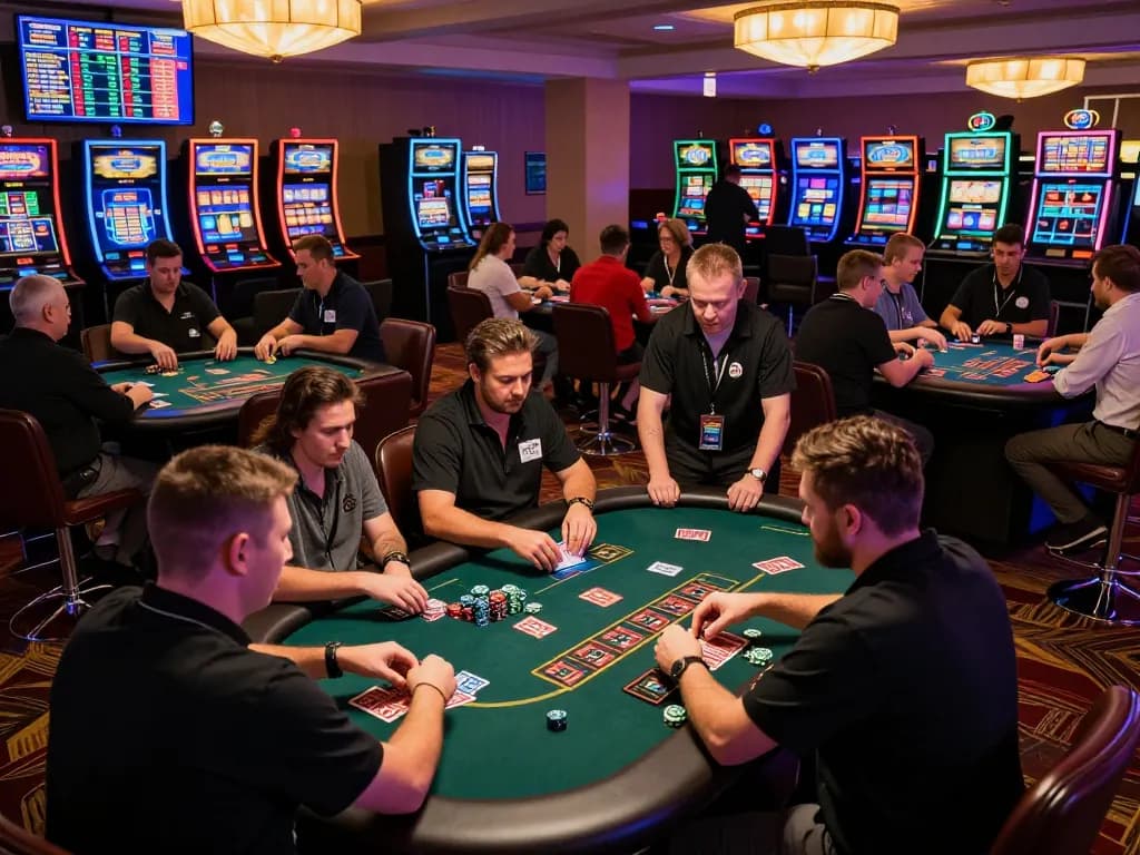Twin68 players engaged in blackjack bets on a bustling casino floor, showcasing excitement in a dynamic gambling setting.
