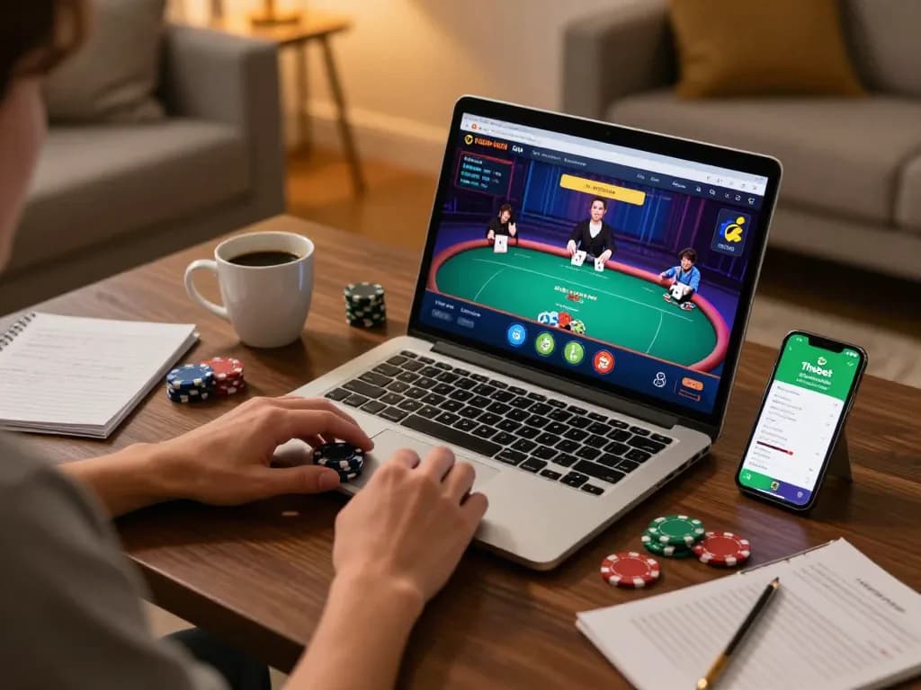 Engaging in online poker gameplay with Thabet app on a laptop, showcasing a cozy and strategic home gaming experience.