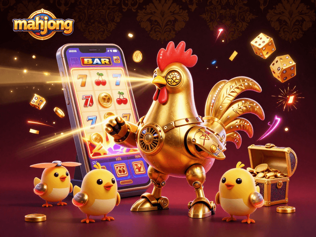 Engage in mahjong gaming excitement where a golden rooster robot shoots beams, surrounded by colorful slot excitement.