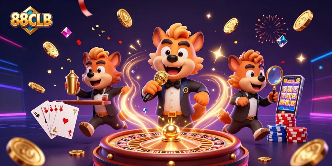 88CLB in a vibrant casino club scene with animated hyenas and dynamic gambling elements.