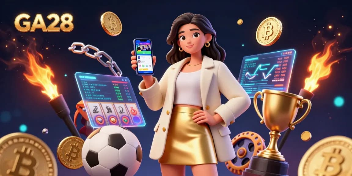 GA28 showcases a beautiful woman engaging with a sports betting app surrounded by digital gaming elements.