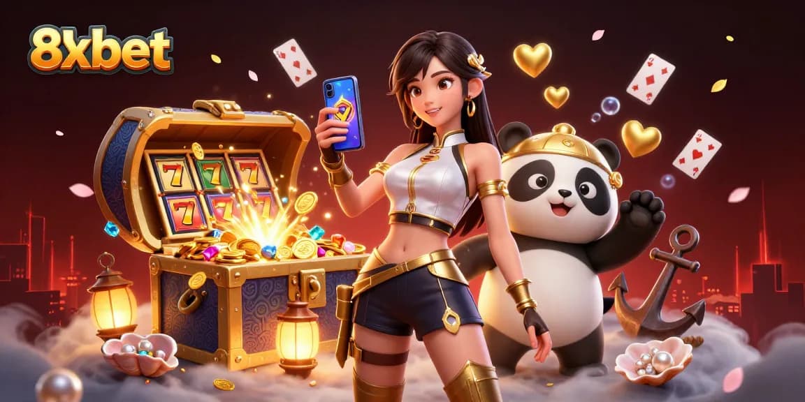 Play 8xbet with an elegant Asian woman and golden panda mascot in a vibrant casino game scene.