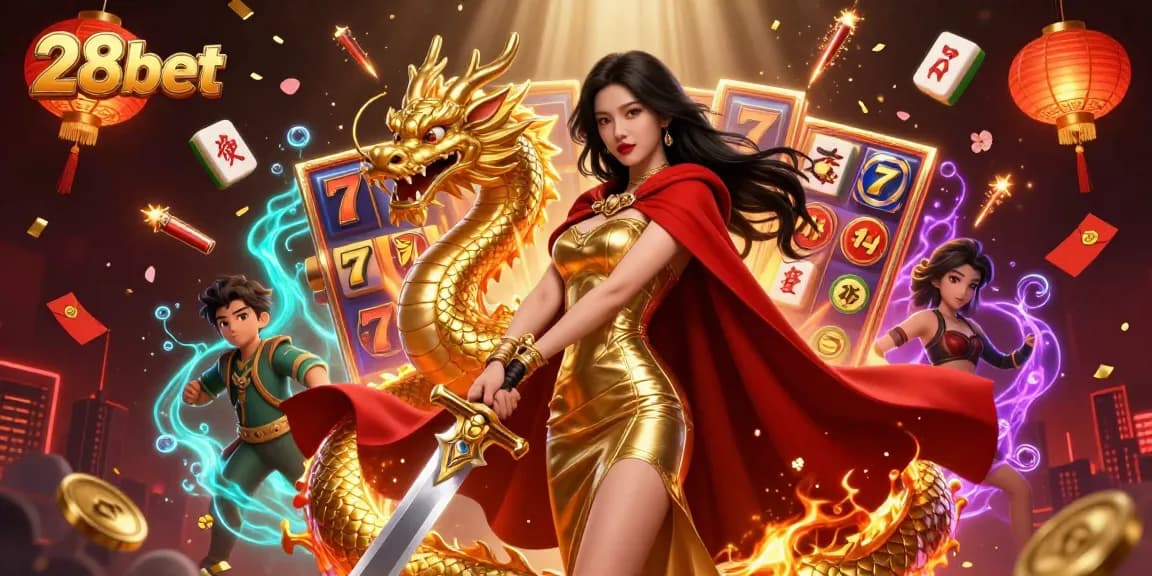 Experience the thrilling games at 28bet with a stunning warrior queen amidst dynamic slot action.