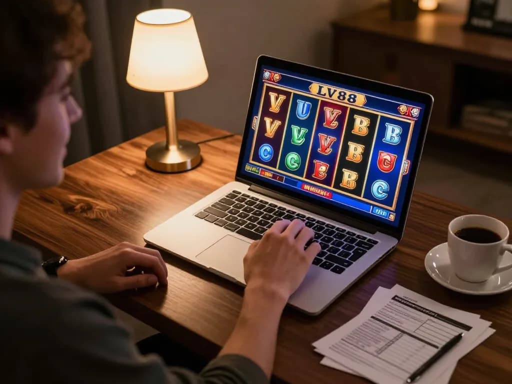 Play exciting LV88 slot games on a laptop while enjoying a cozy home environment