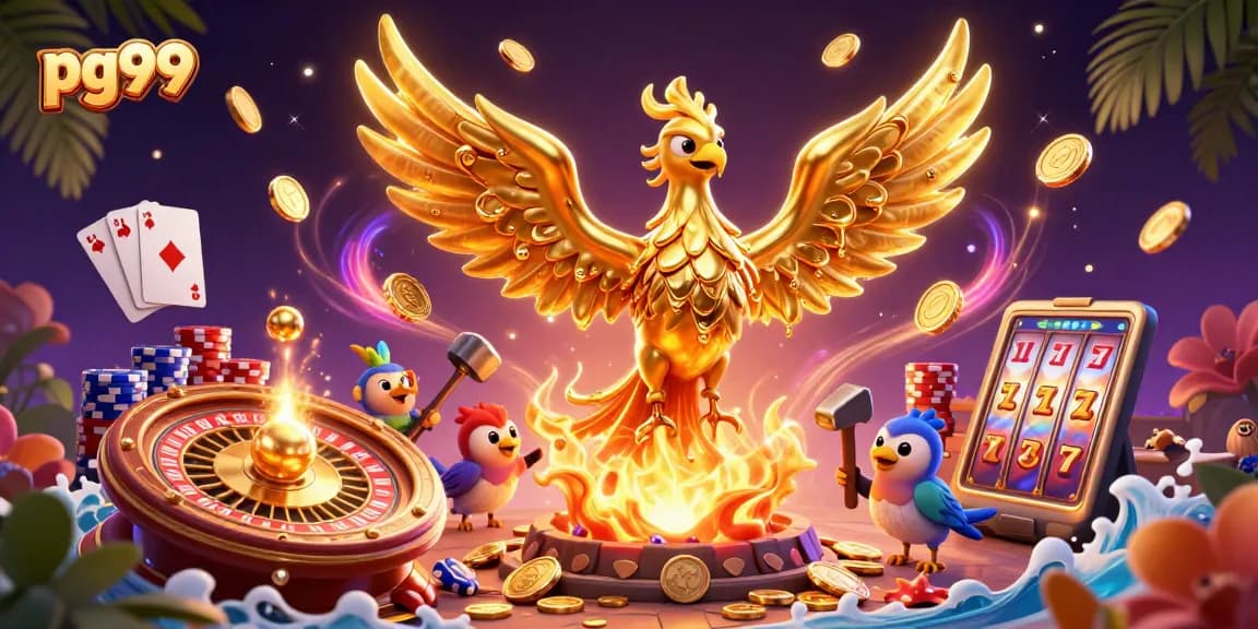 Experience thrilling wins at pg99 with vibrant casino elements and a golden phoenix motif.