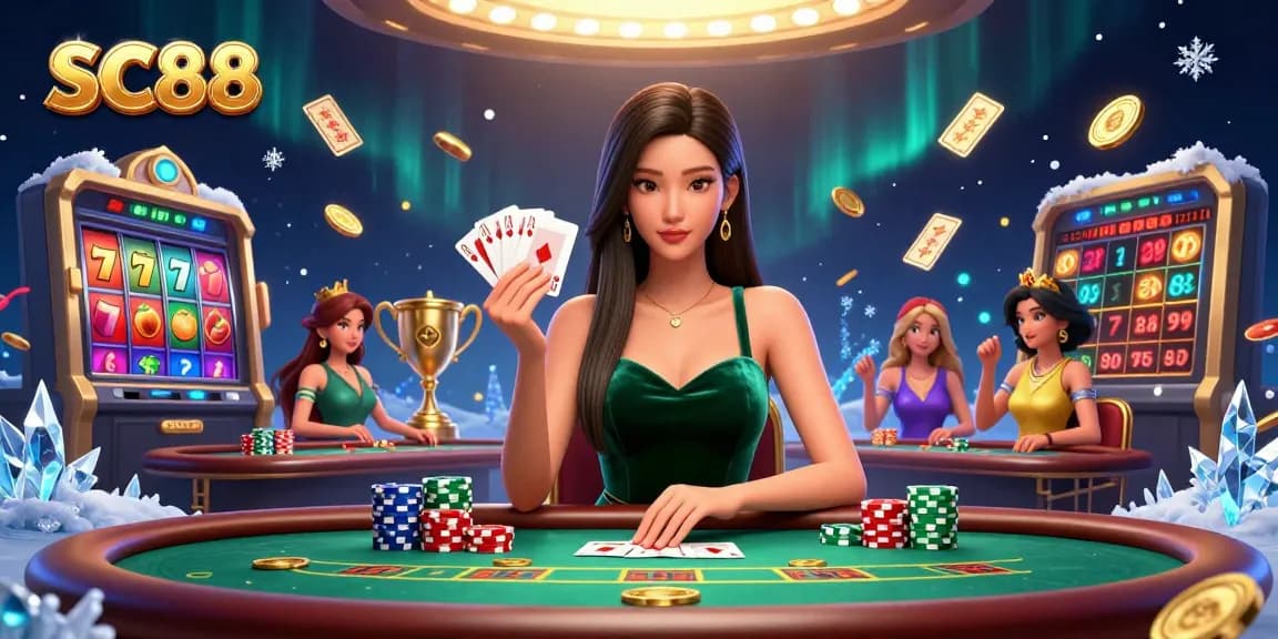 SC88 engages players with an Asian woman at a poker table, showcasing rich gaming elements and luxury.