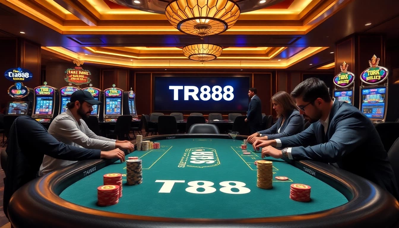 TR88 players engaged in intense poker gameplay at a luxury casino table, showcasing excitement and stakes.