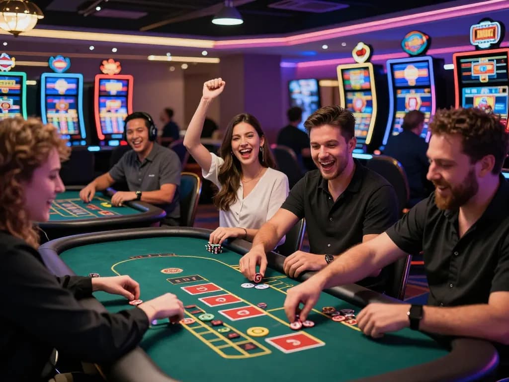 Exciting gaming experience at https://k88.town/ with players in a vibrant casino setting celebrating wins and engaging in various games.