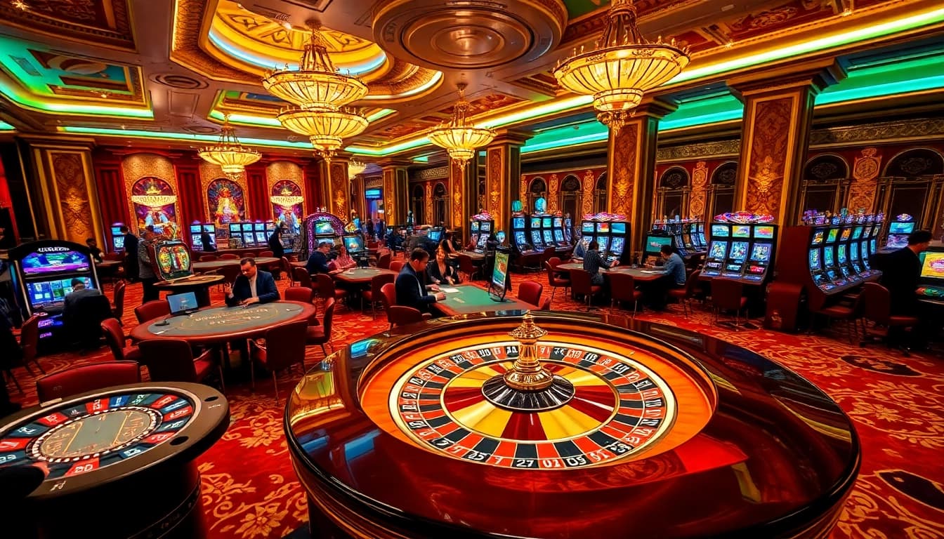 Excited gamblers at F168 enjoy placing bets at vibrant casino tables and slot machines.