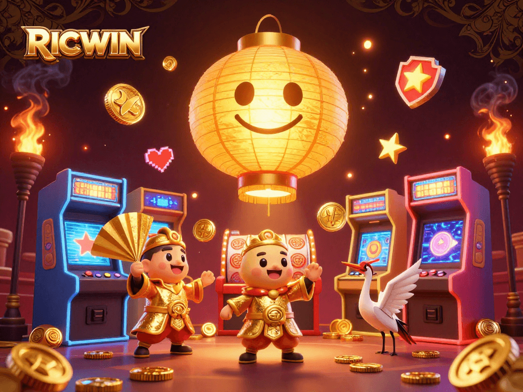 Engage with RICWIN at an exciting night market casino featuring vibrant slots and game elements.