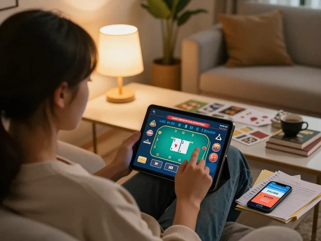 Engaged player using fly88 app on tablet for online gaming, surrounded by strategic notes and cozy decor.