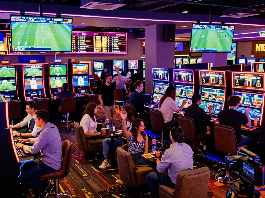 Gamblers placing bets at hitclub sportsbook with screens showing live sports events.