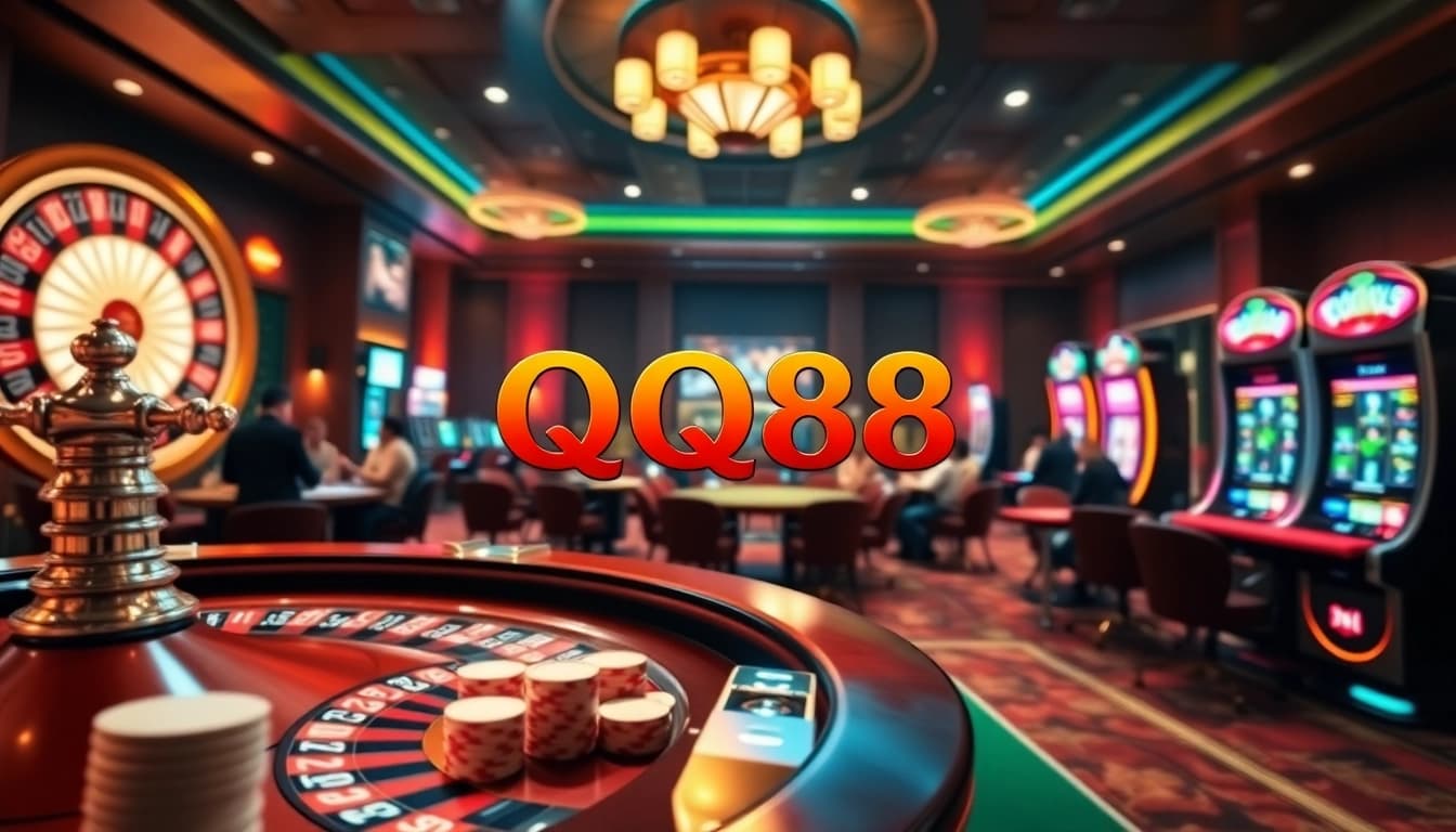 Experience thrilling casino gaming at QQ88 with vibrant slot machines and elegant poker tables.