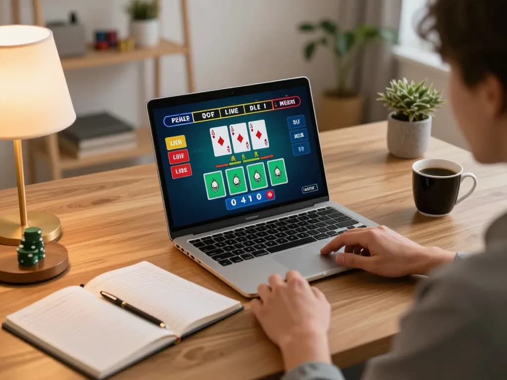 Player engaging in live dealer blackjack on MM88 while tracking strategy notes in a cozy home office.