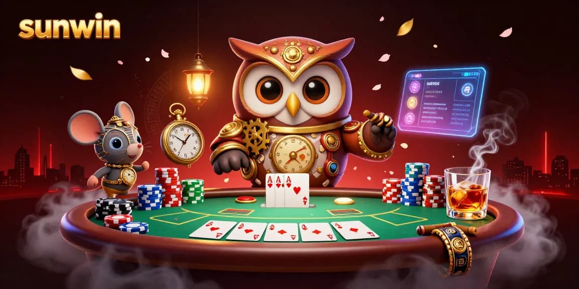 Experience sunwin's vibrant casino atmosphere with cartoon owl and poker elements.