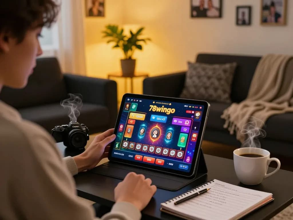 Engaging with the 78wingo online casino on a tablet in a cozy home setting, showcasing a strategic gaming atmosphere
