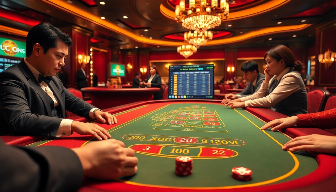 Xóc đĩa online gameplay with enthusiastic players and elegant dealer at a casino table