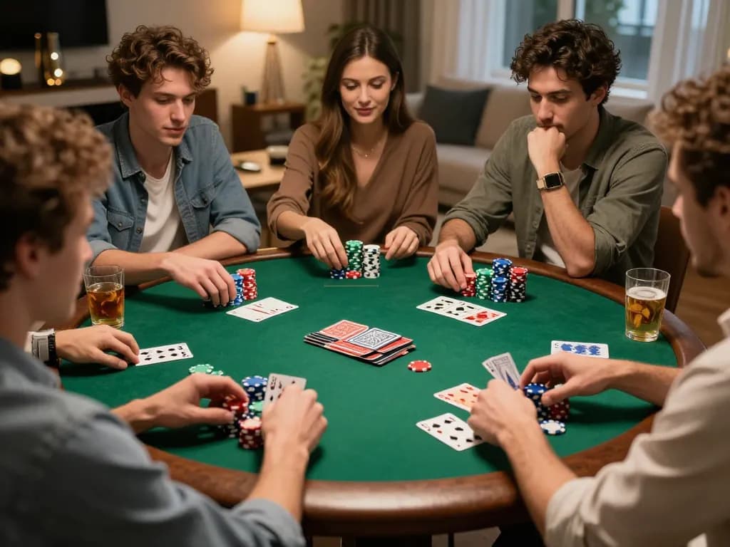 Friends engaging in an exciting poker night at home, showcasing strategic gameplay in a lively atmosphere with F8bet.