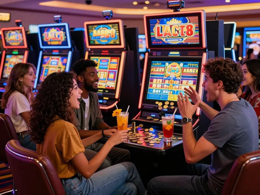 Exciting group enjoying the Lucky 88 slot machine experience in a lively casino.