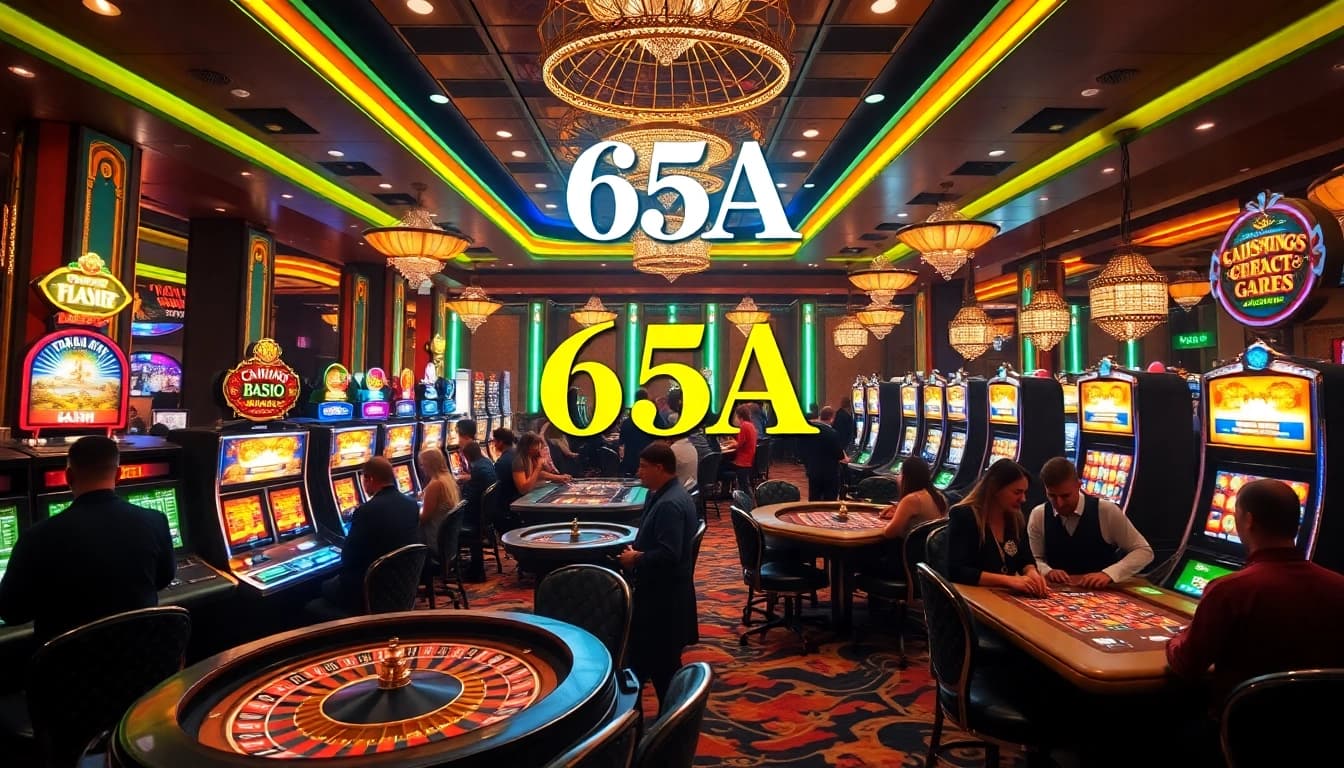 Players engaging with slot machines and roulette at the 65A casino, showcasing excitement and luxury.