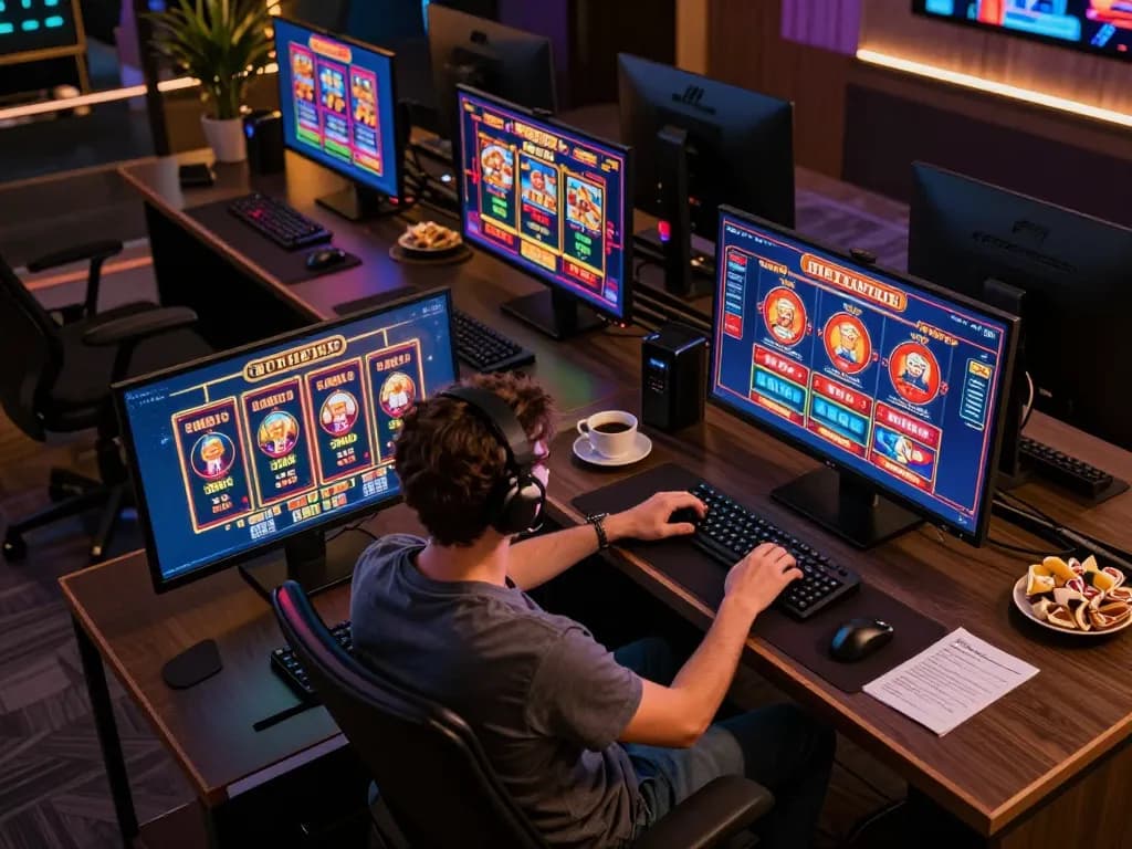 cm88 player engaging with vibrant online casino games in a stylish setup