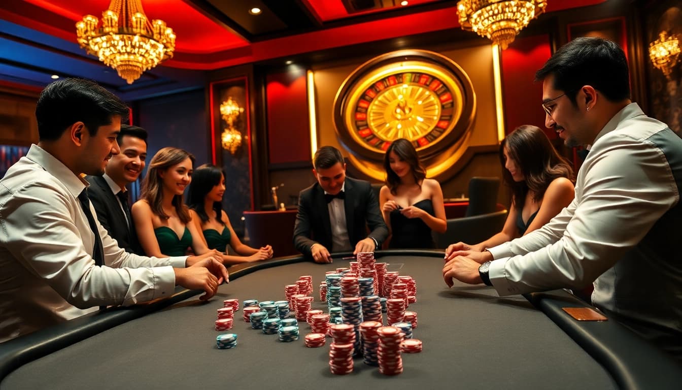 Engaged players at a poker table showcasing NHÀ CÁI GG88's luxurious casino experience.