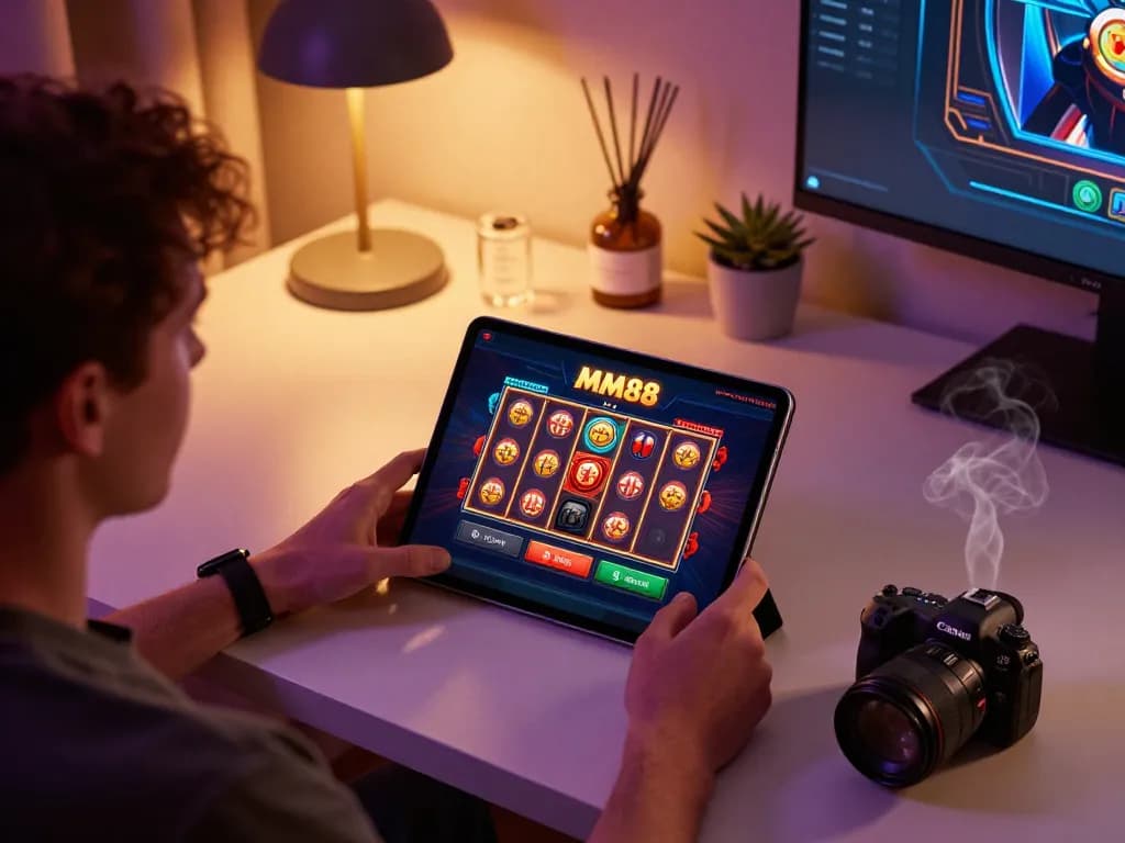 Experience thrilling online slot gameplay with MM88 app in a cozy gaming setup